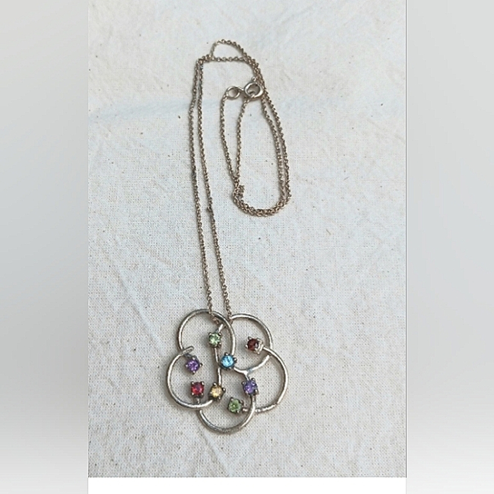 Chakra necklace, multigem, silver setting, 18" chain